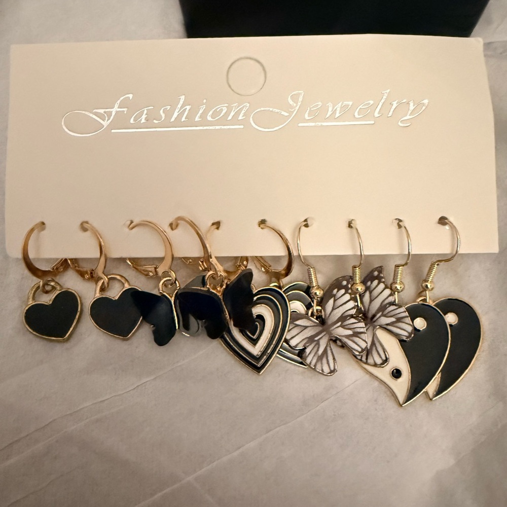 Gold and Black Earring Set with Butterfly and Heart Designs